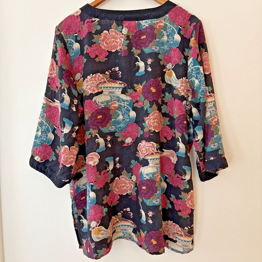 Citron Santa Monica Asian Print Silk Kimono Button Front Blouse Black Pink 1X - Picture 3 of 7